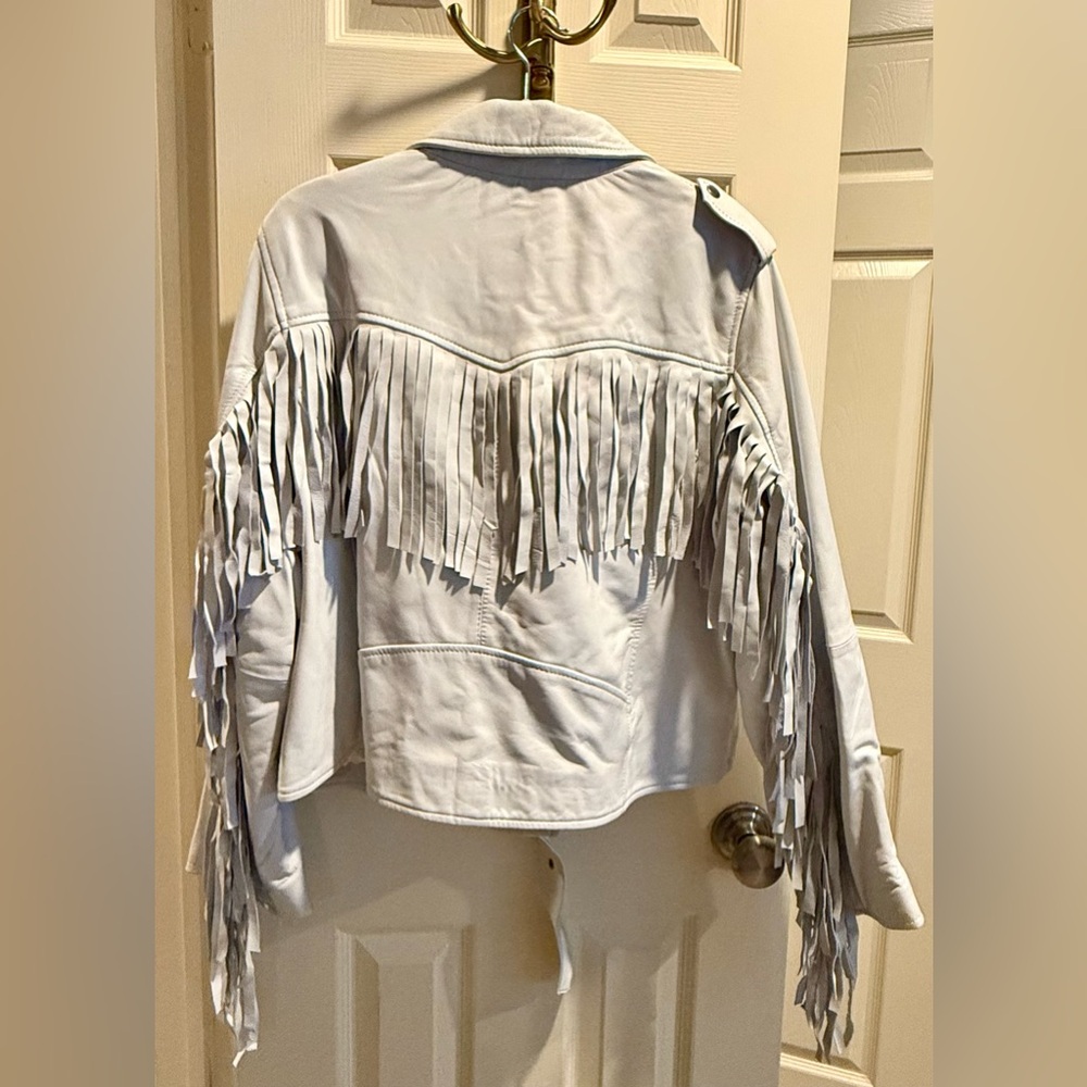 Nasty Gal Cream Leather Fringe Jacket